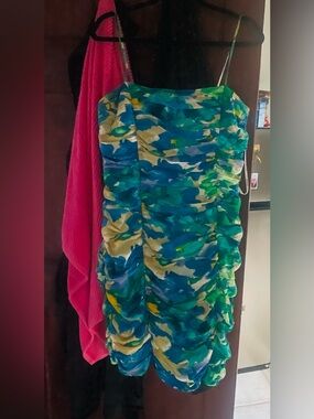 Calvin Klein Blue Green Ruched Strap Dress